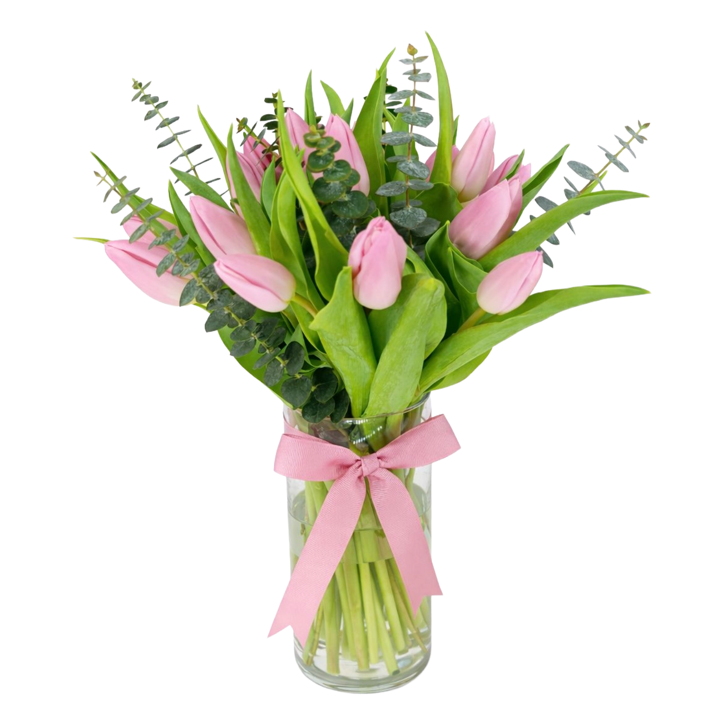21 Pink Tulips and Greens in a Vase