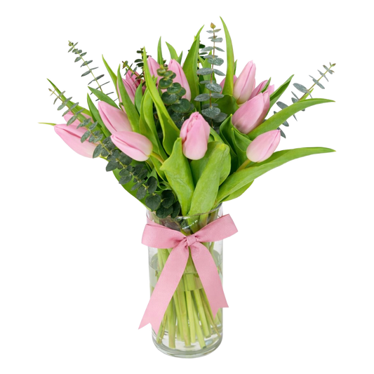 21 Pink Tulips and Greens in a Vase