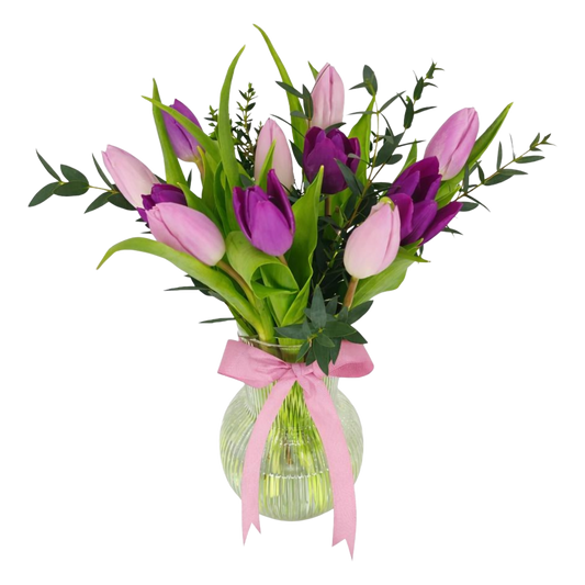 11 Tulips and Greens in Vase