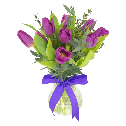 11 Tulips and Greens in Vase
