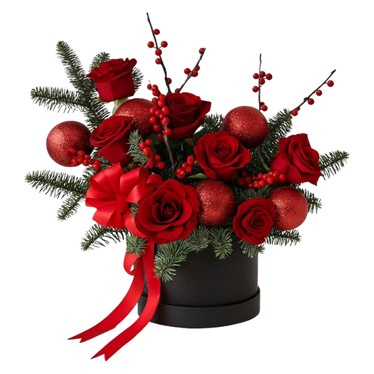 Red Velvet Ornament Hatbox Bouquet