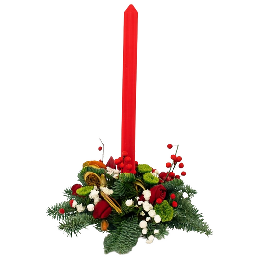 Scarlet Taper Evergreen Centerpiece