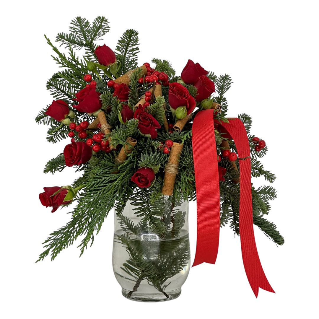 Winter Red Rose & Evergreen Vase